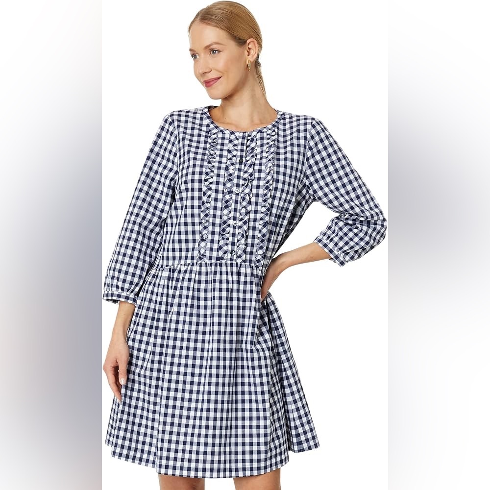 Draper James Wanda Navy Blue and White Checkered Gingham 3/4 Sleeve Cotton Dress - Picture 3 of 9